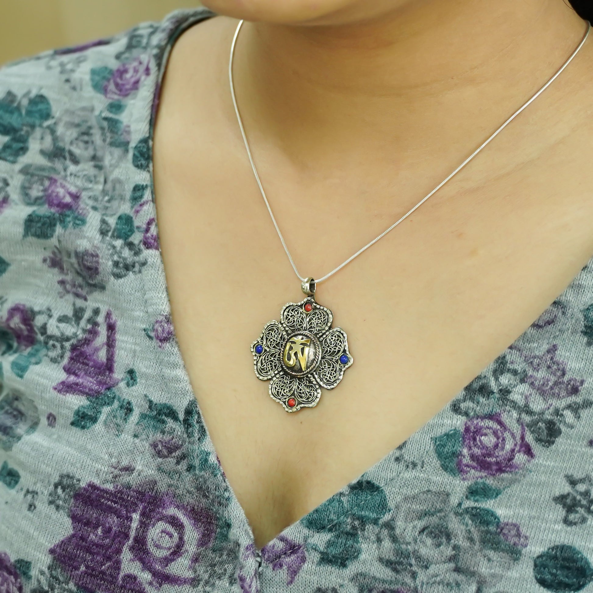 Handmade Brass Pendant with Lapis Lazuli & Coral Boho Prayer Jewelry for Men & Women